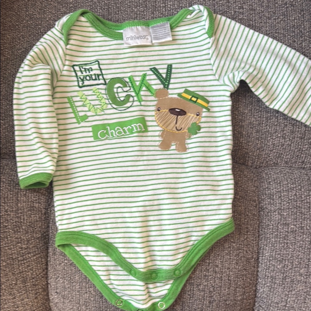 Miniwear Green and White Bodysuit with Bear Design